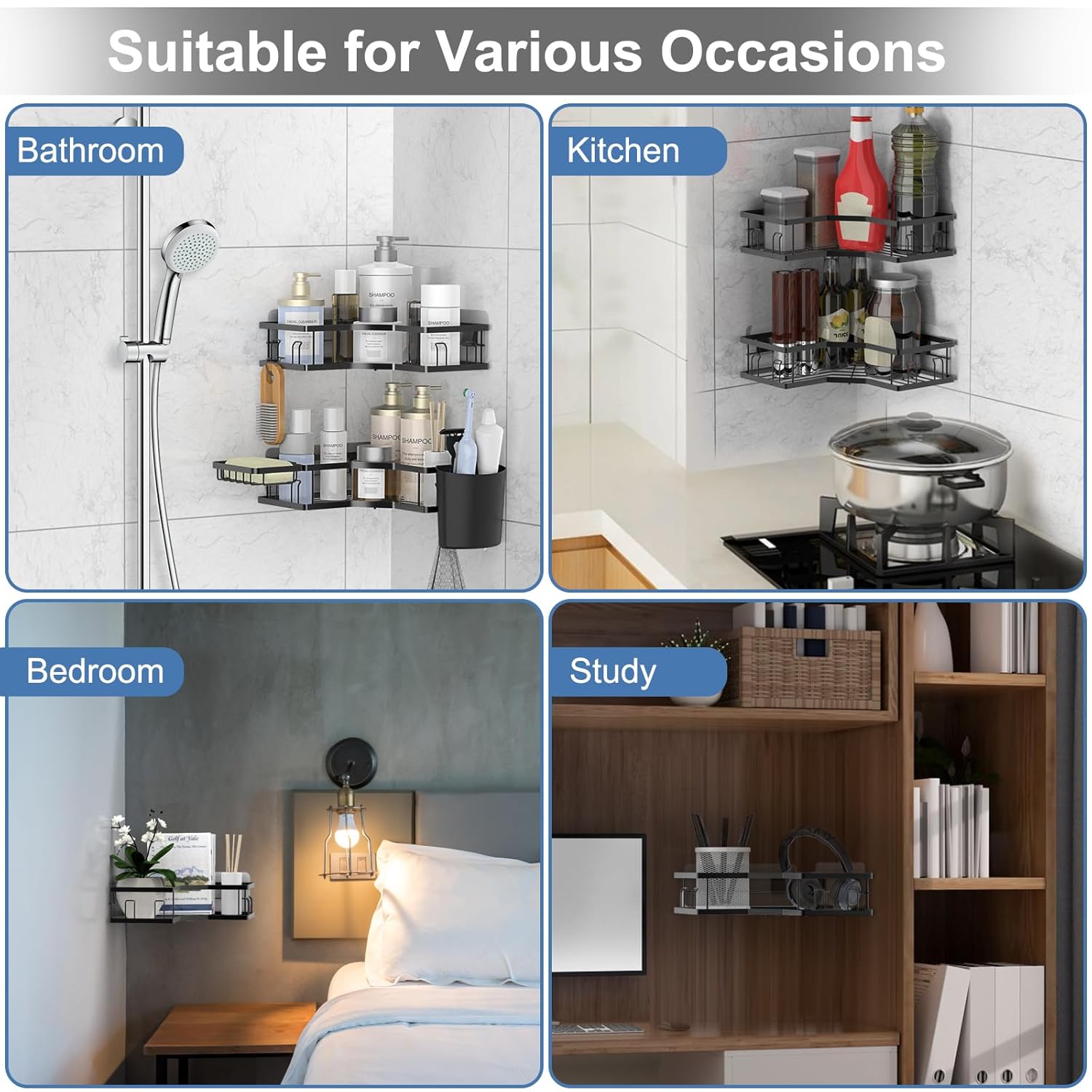 Iron-coated stainless steel corner shelf organizer holding bath accessories like razors and sponges