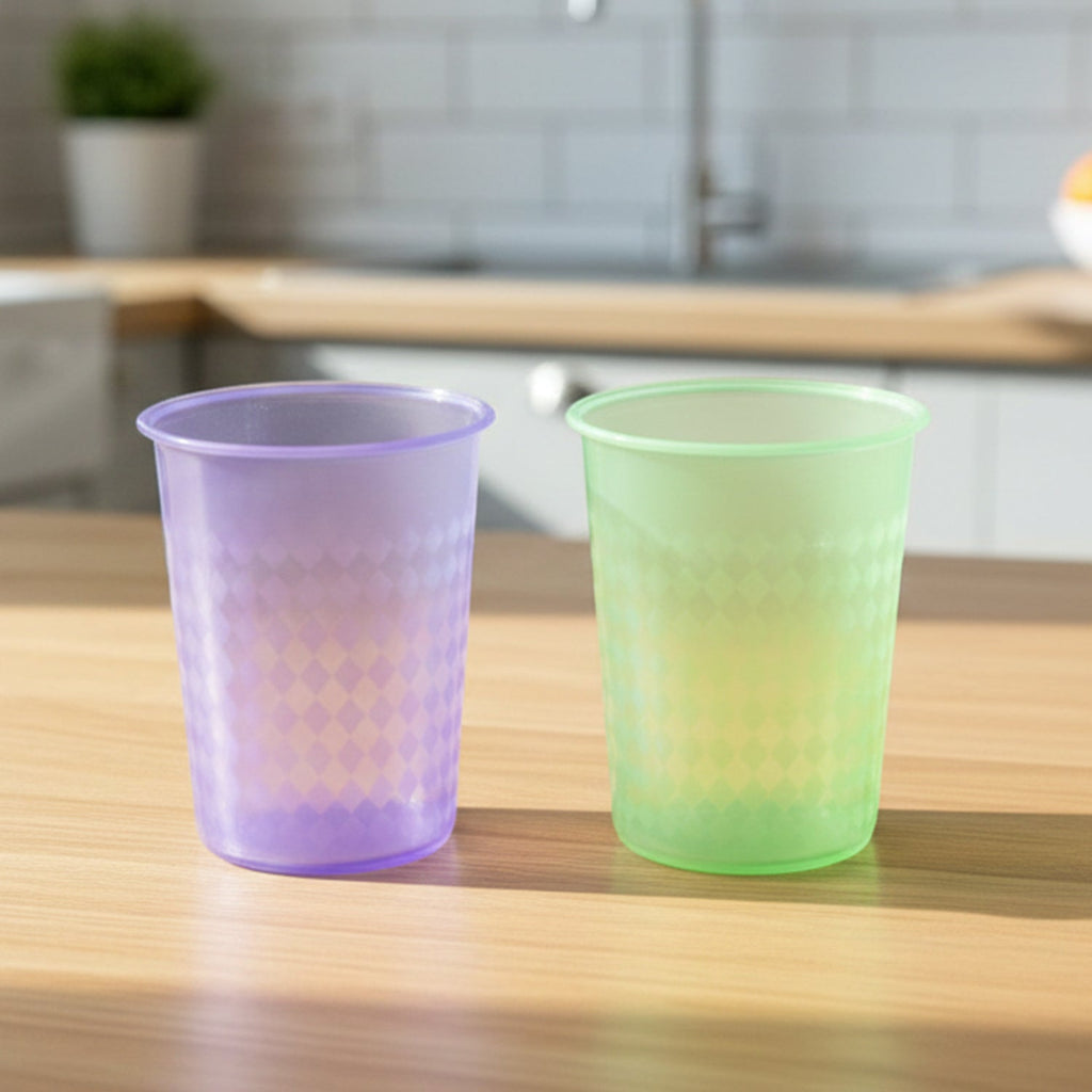 Front view of reusable plastic drinking glass 200 ML in mix colors