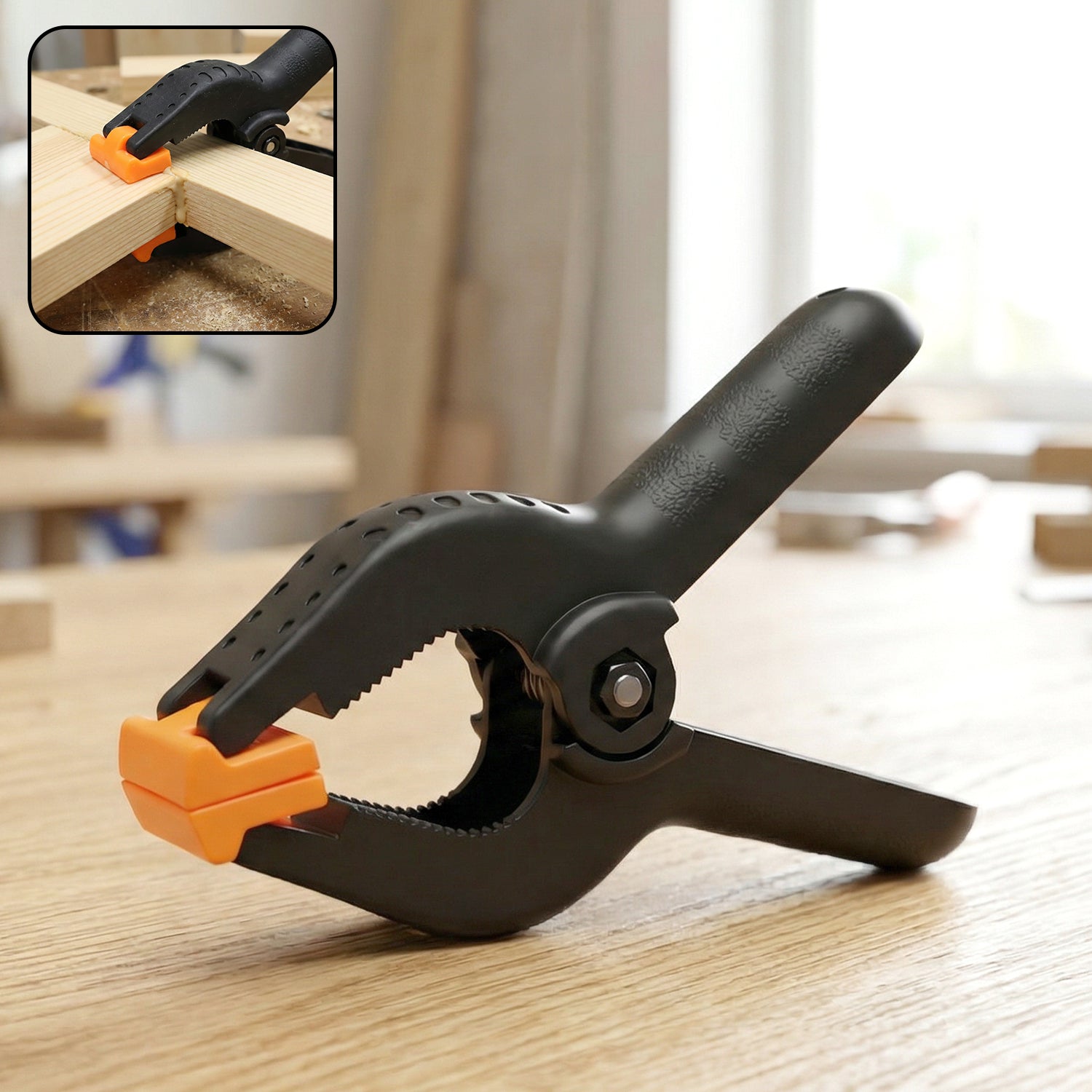 Multipurpose hand-operated spring clamp displaying non-slip jaw texture