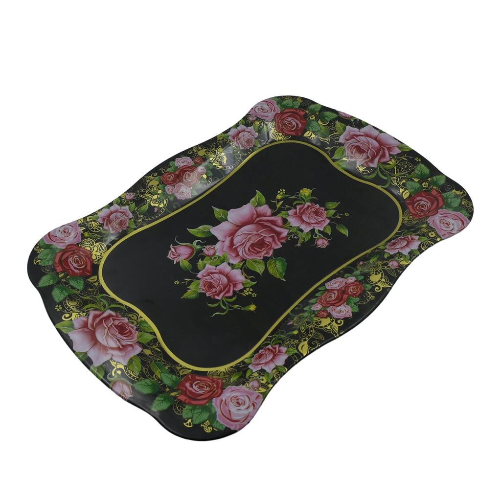 Elegant stainless steel serving tray holding cups and snacks, ready for guests.