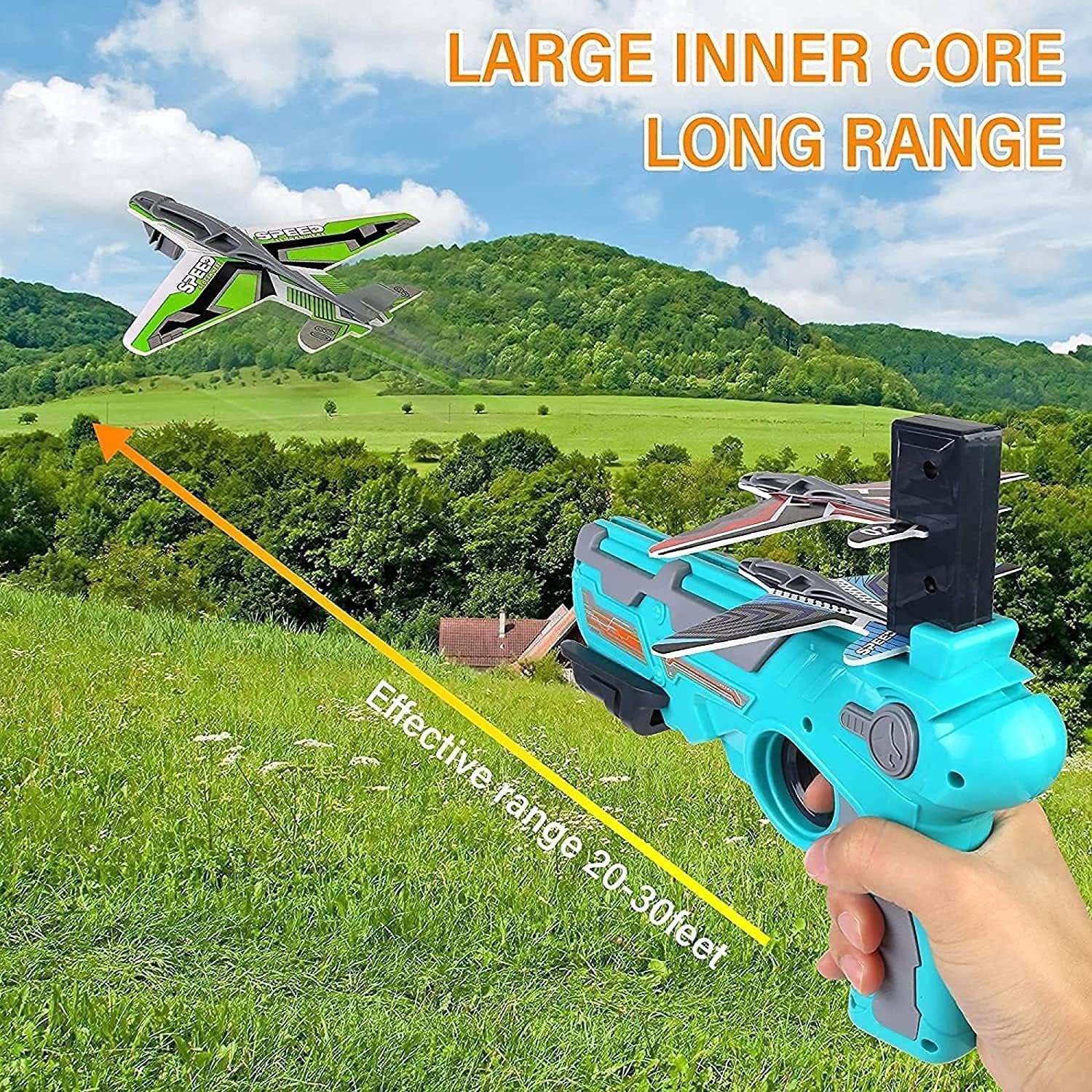 The airplane gun toy with five vibrant foam planes included in the package.