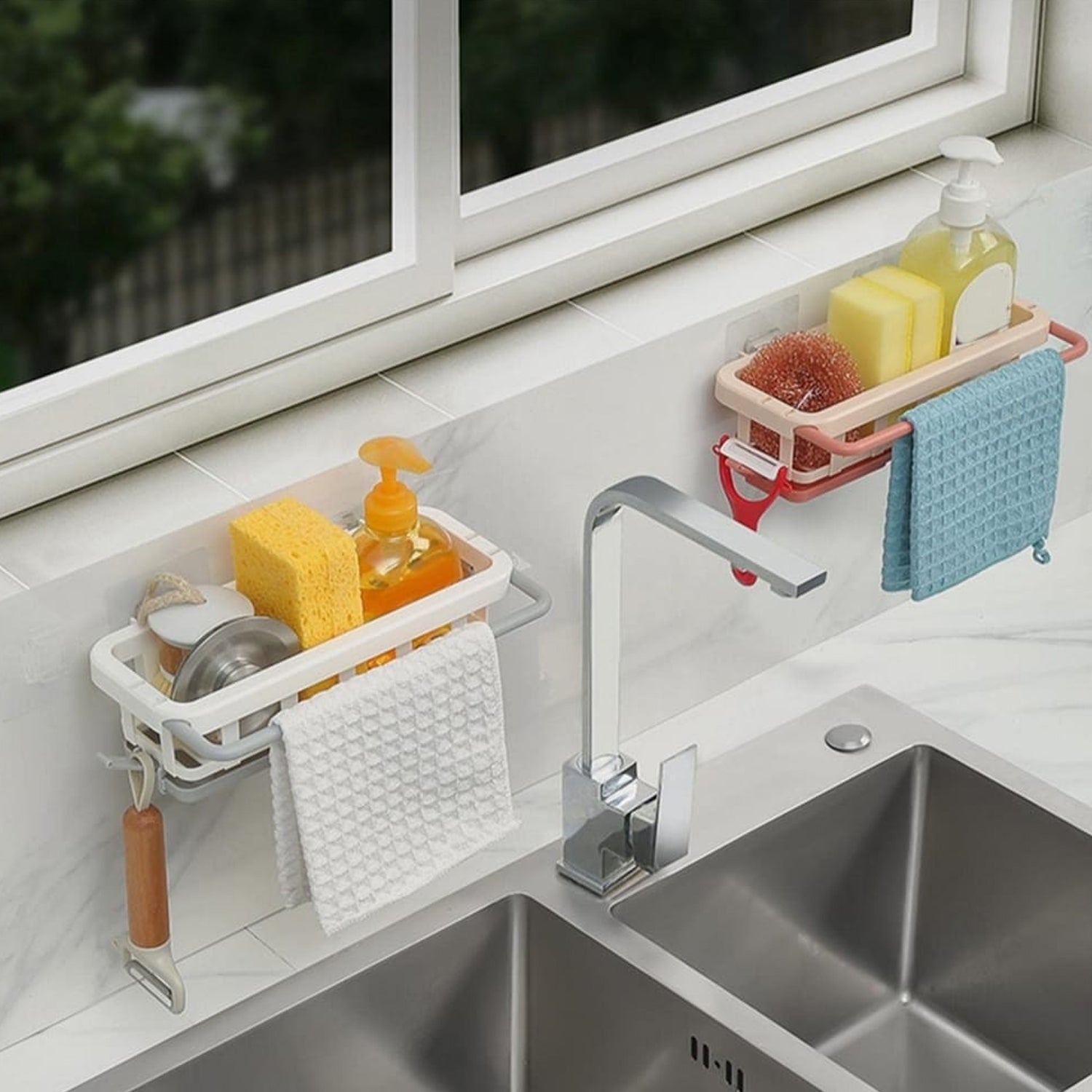 A perfectly organized kitchen sink area featuring the hanging sponge holder and drain rack.
