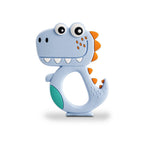 Baby holding a green dinosaur teether toy made of BPA-free silicone