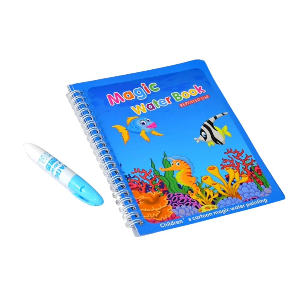 A child smiling while using the Magic Water Coloring Book with a magic doodle pen.