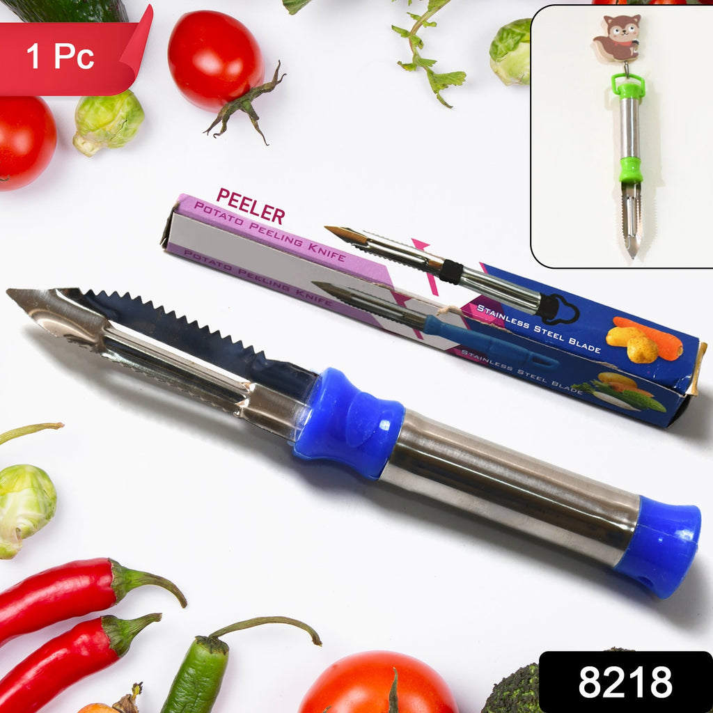 Close-up of the sharp, durable stainless steel blade of the vegetable peeler.