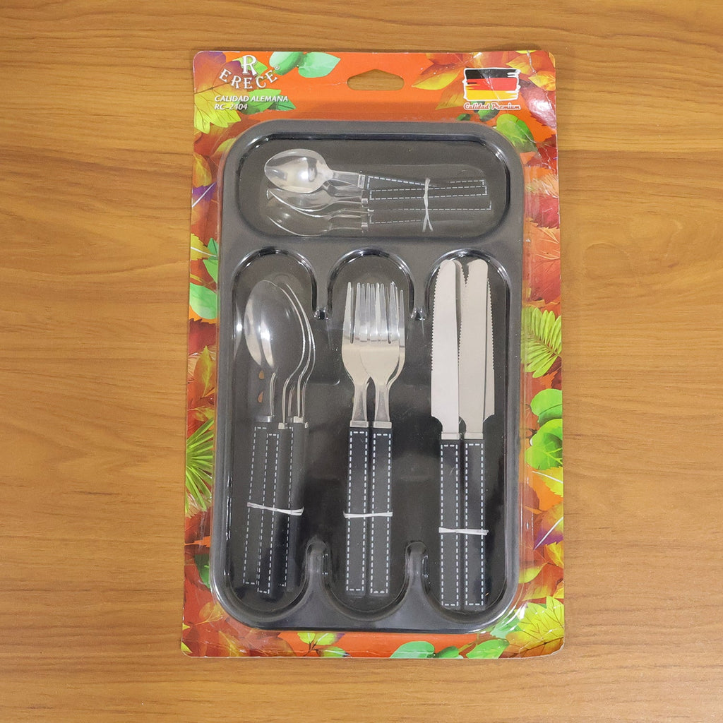 Stainless steel cutlery set with comfortable grip handles and storage tray
