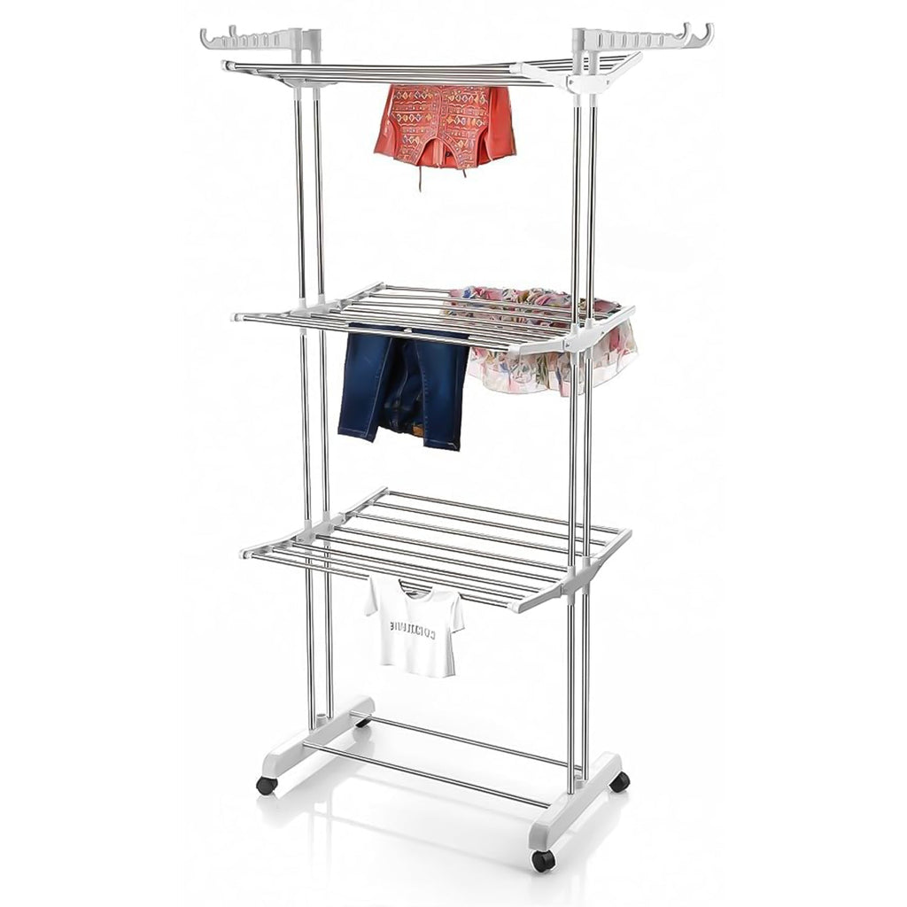 Portable foldable drying rack with various clothes, demonstrating its versatility.