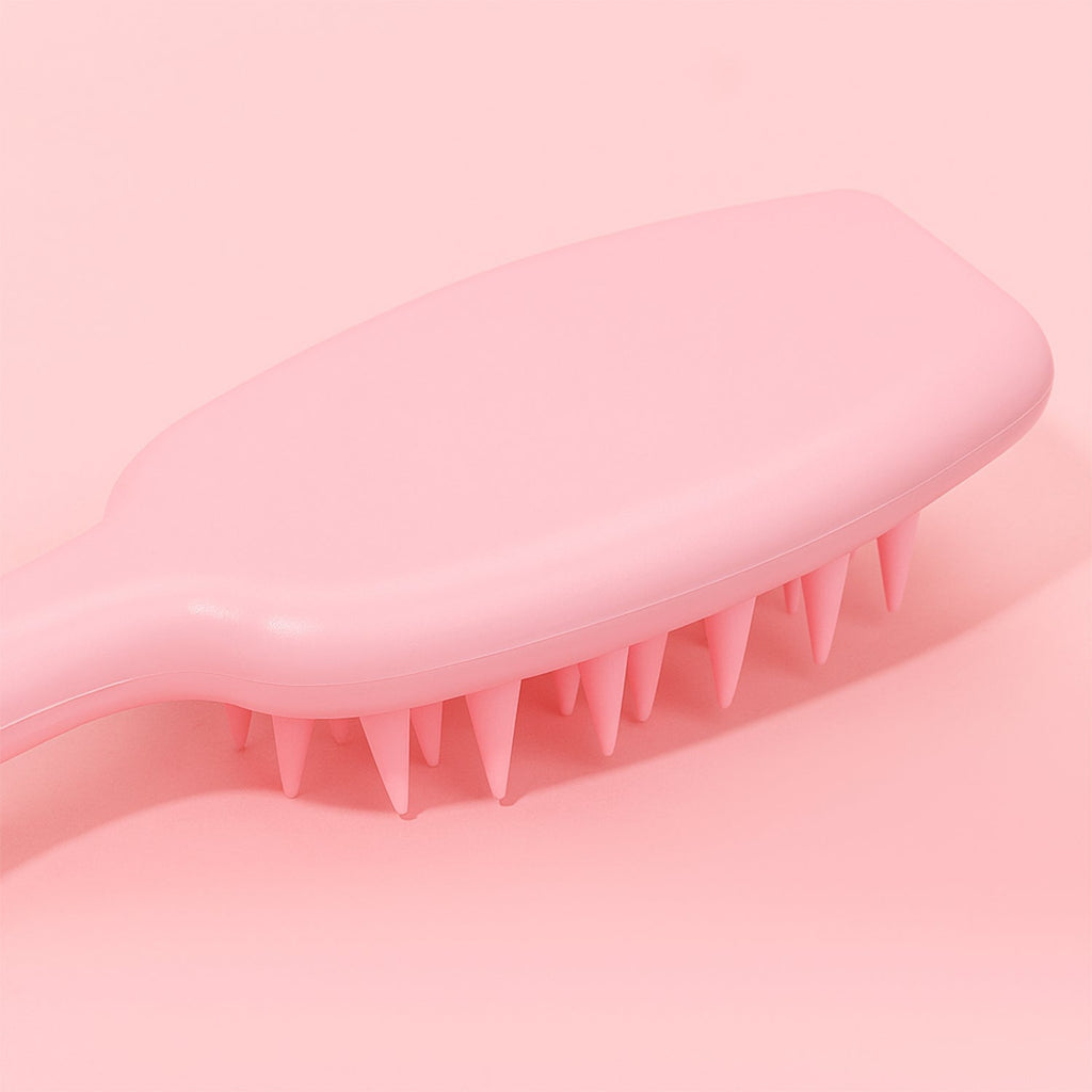 Silicone scalp scrubber shampoo brush showing gentle bristles