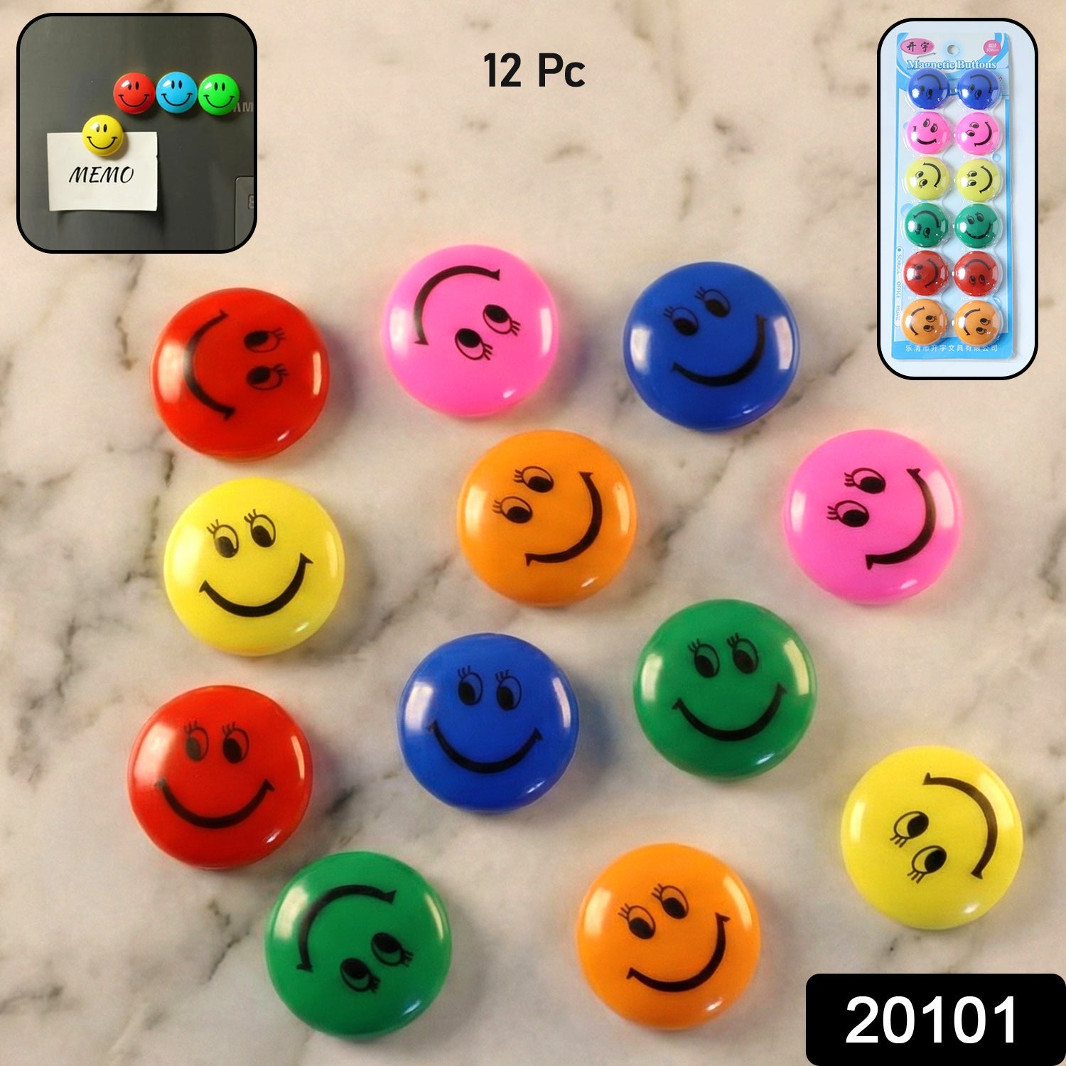 Colorful smiley face magnets used on office whiteboard