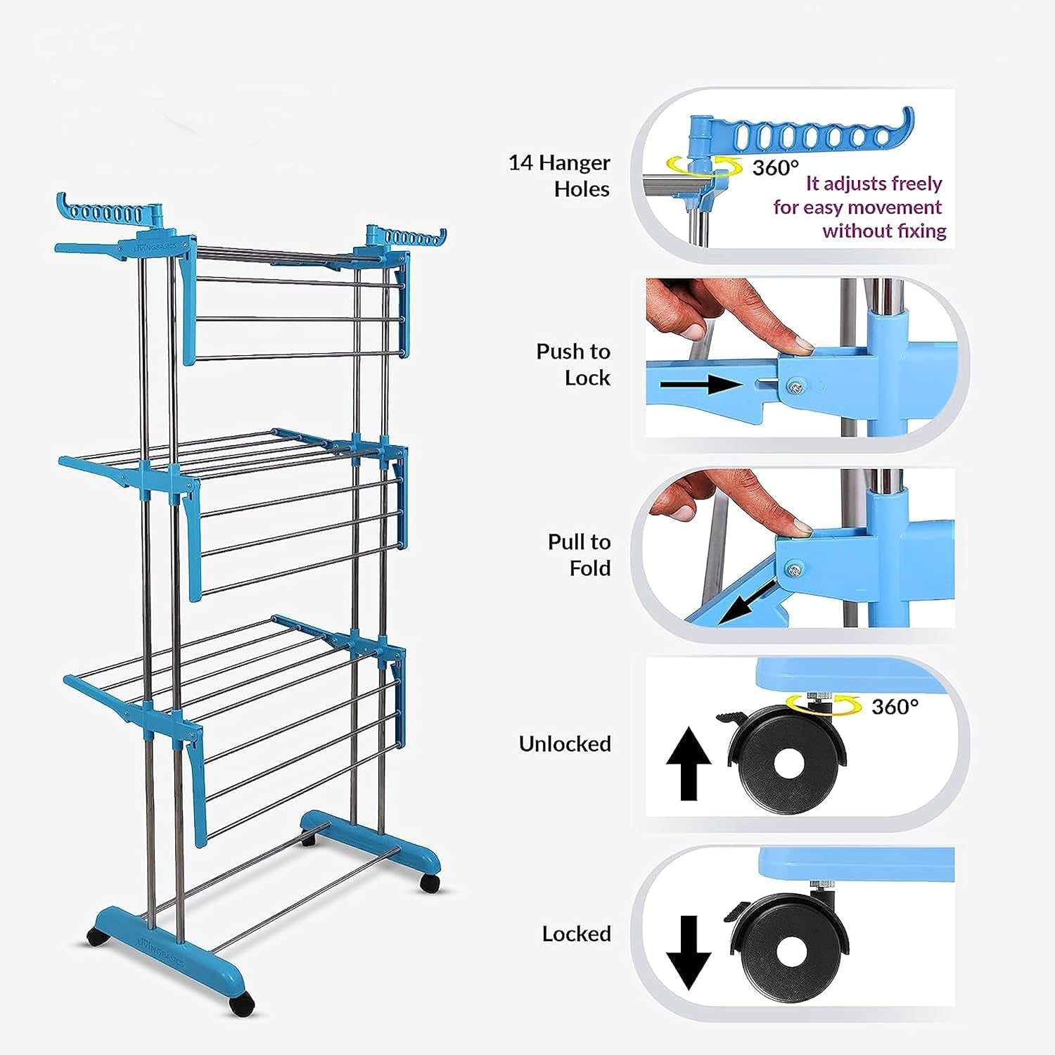 Stainless steel clothes drying stand with six adjustable wings for versatile drying.