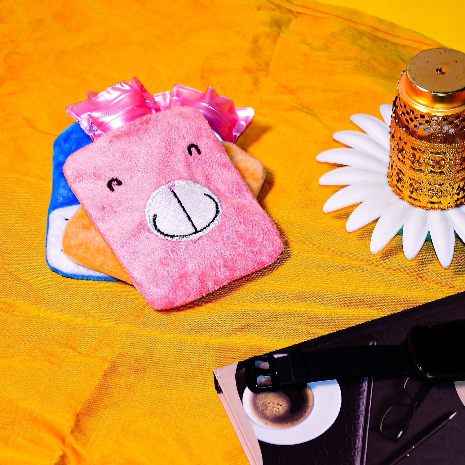 Top view of the Pink Hot Water Bag, demonstrating its filling mechanism.