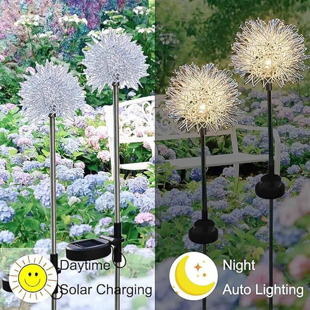 Decorative solar garden lights glowing vibrantly in nighttime outdoor setting