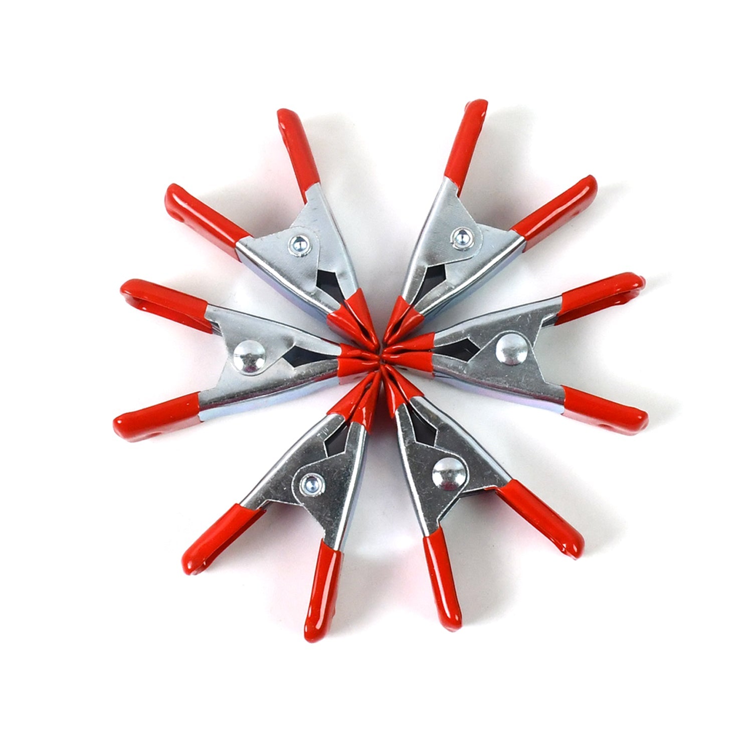 Detail of the 2-inch metal spring clamp's rotating jaw pads providing a tight, secure grip.