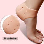 Silicone gel heel socks worn on foot, providing comprehensive foot care.