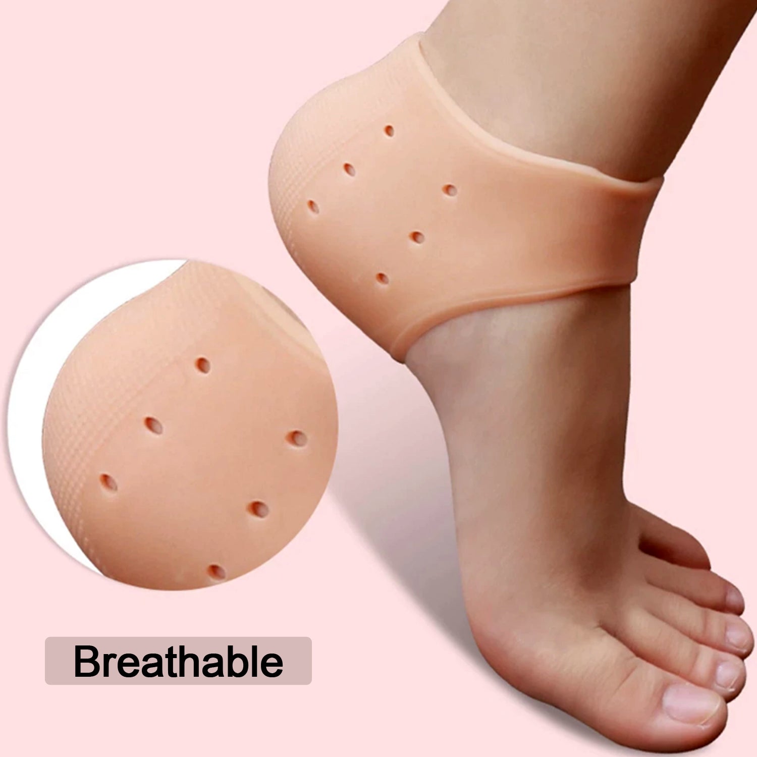 Silicone gel heel socks worn on foot, providing comprehensive foot care.