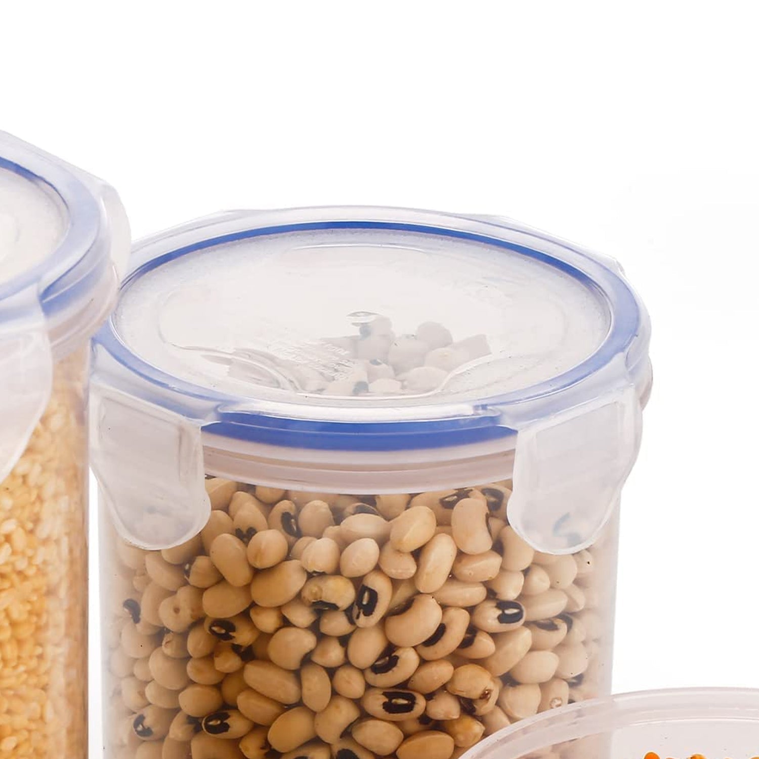 A hand demonstrating the secure locking mechanism of an Organivo round food storage container's airtight lid.