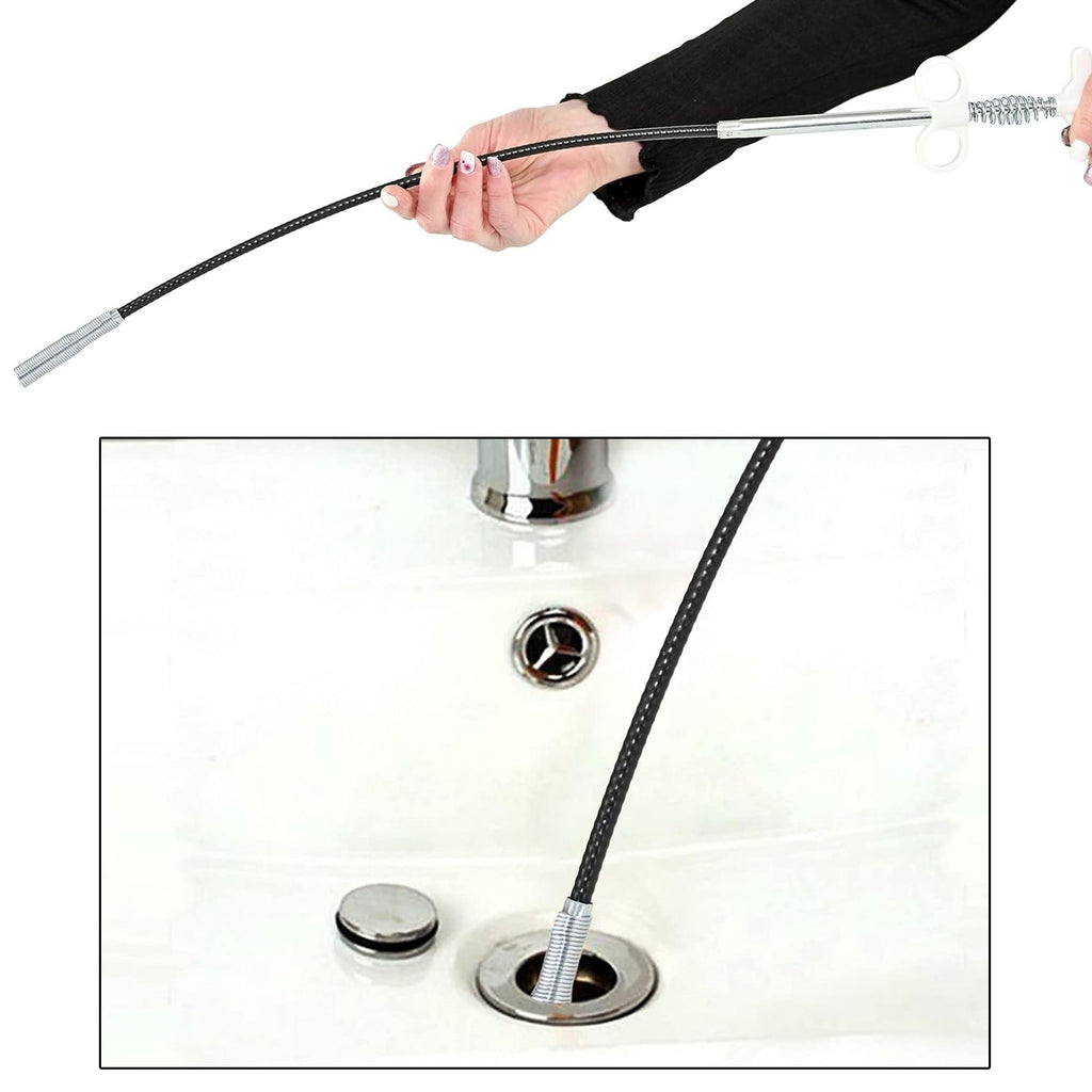 Demonstration of the Drain Cleaner Tool removing hair from a bathroom sink drain.