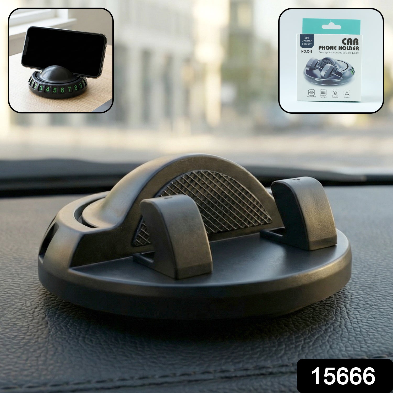 Car phone holder showing smartphone with adjustable viewing angle