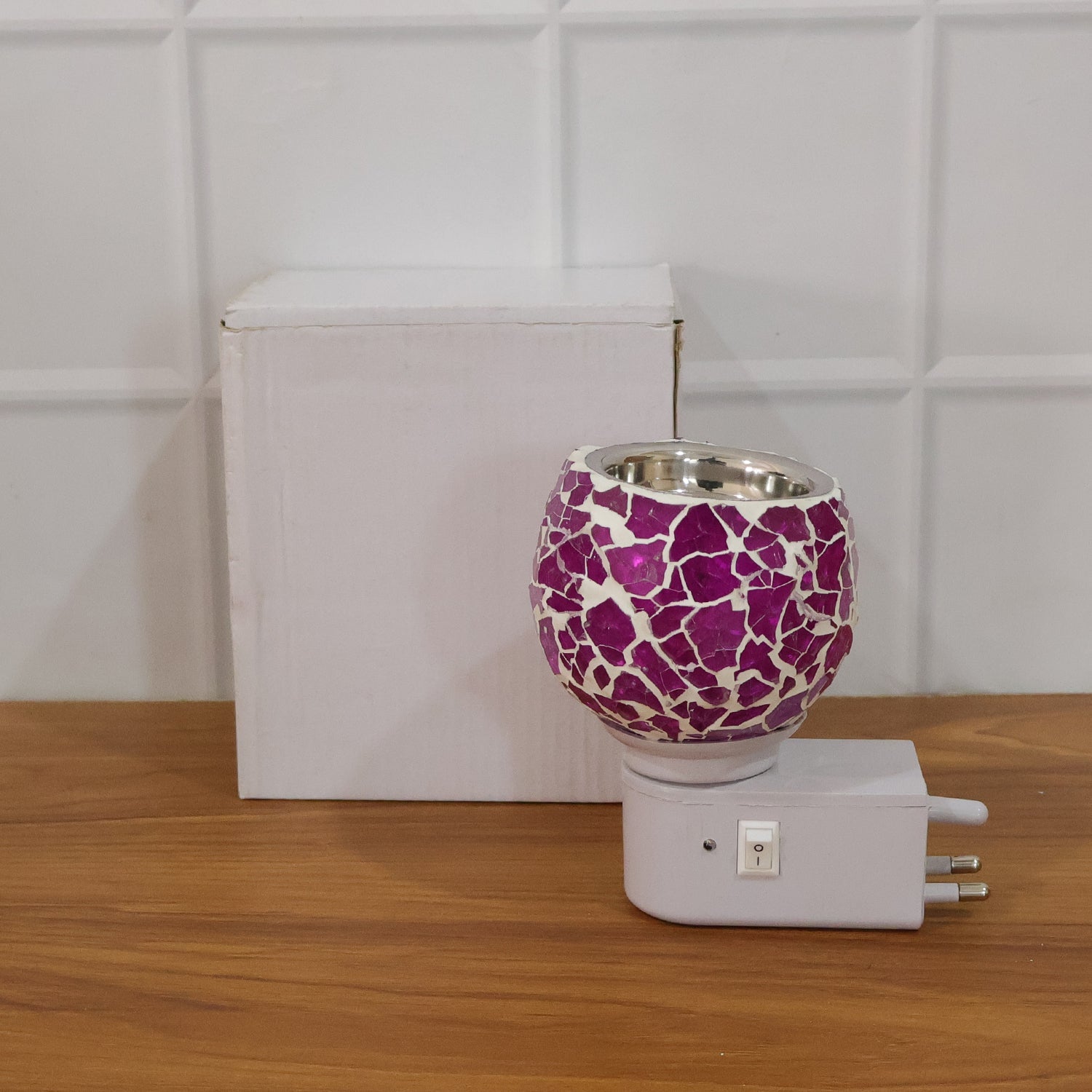Serene purple mosaic globe on aroma diffuser lamp providing relaxing light