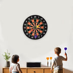 Contents of the magnetic dartboard game set box including board and darts