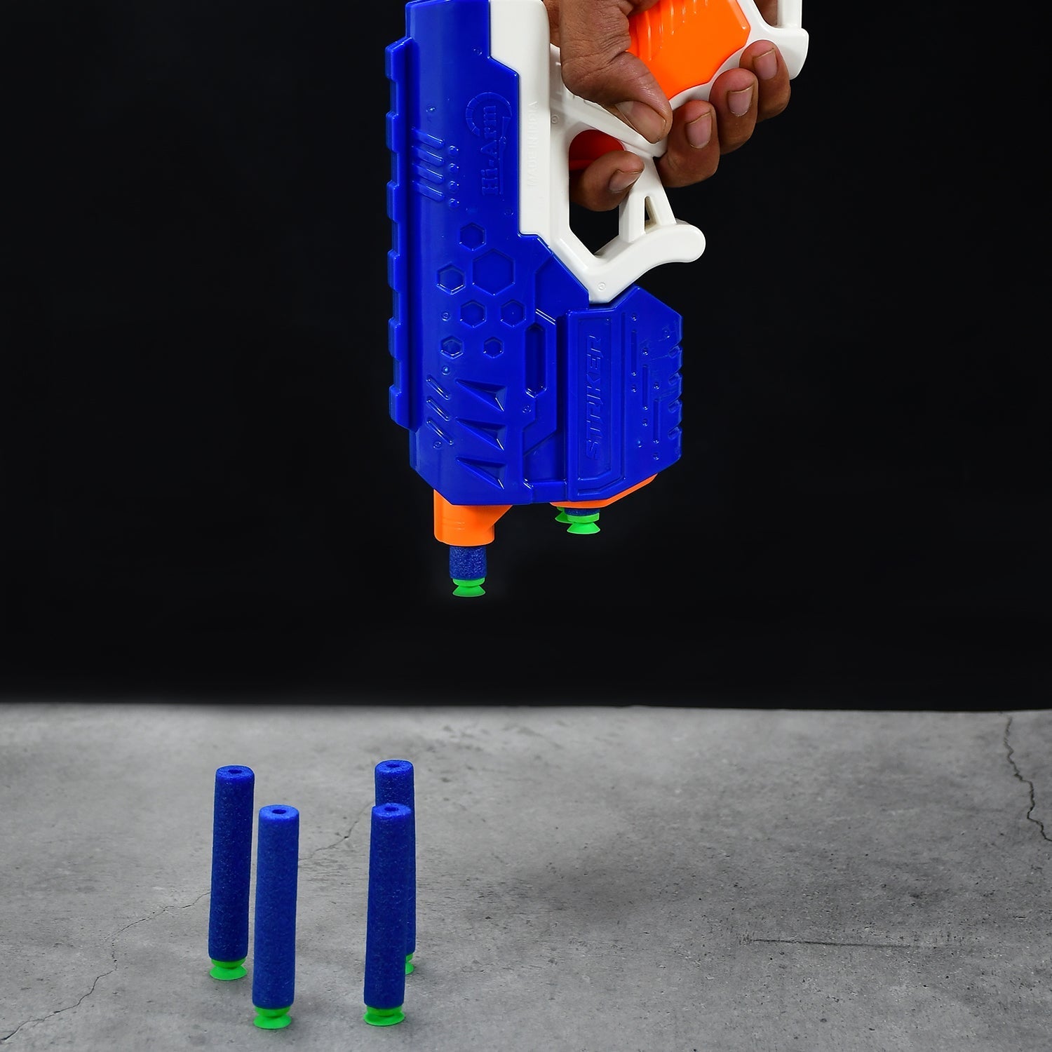 Close-up of the durable ABS plastic build of the foam bullet gun.