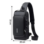 Detailed shot of product specifications on anti-theft crossbody sling bag
