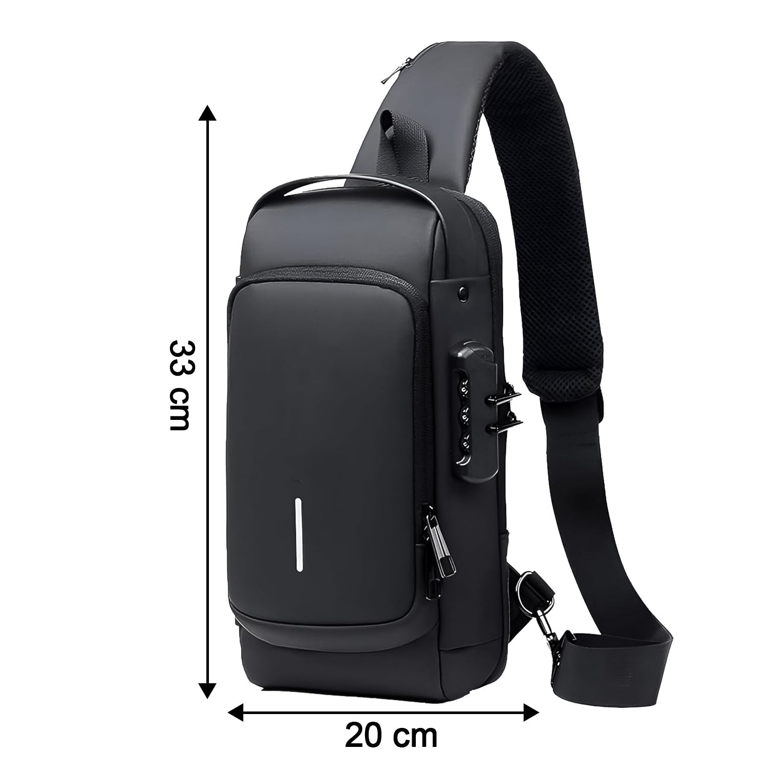 Detailed shot of product specifications on anti-theft crossbody sling bag