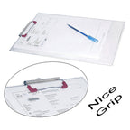 Angled view of the transparent exam pad highlighting its clear design.