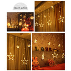 Star-shaped string lights displaying different lighting patterns in a home setting.