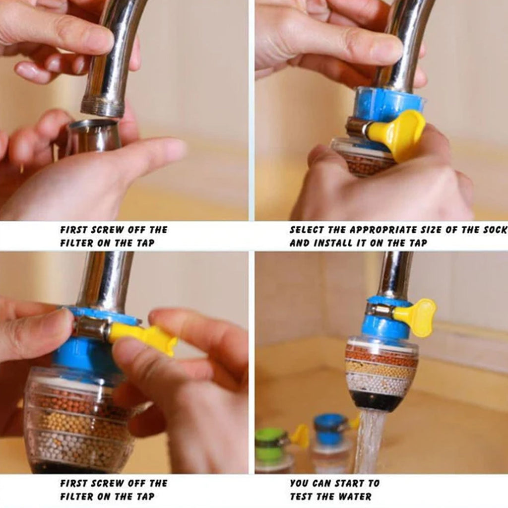 Alternative angle of the Faucet Water Filter, showing its flexible hose attachment.