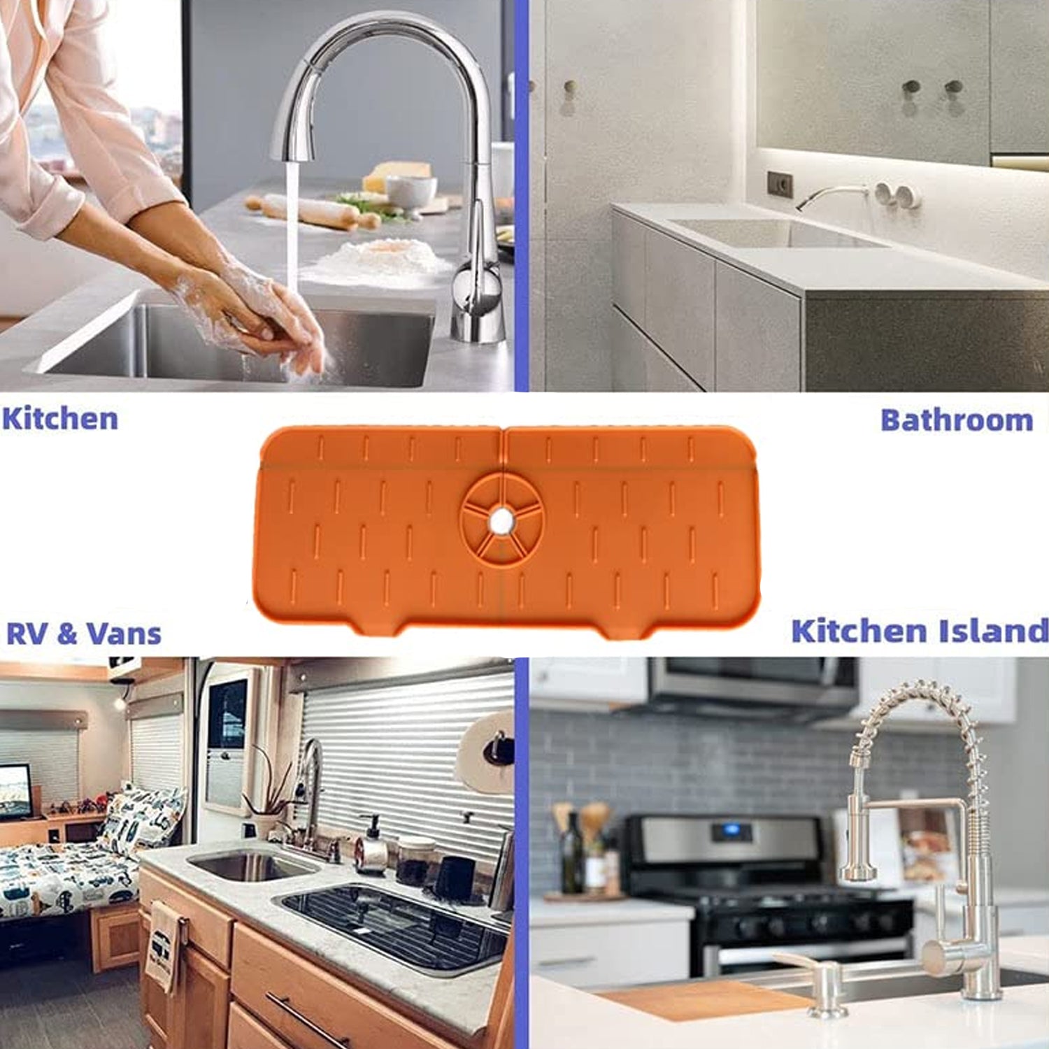 Easy-to-clean silicone faucet splash guard, ready for reuse and long-lasting countertop protection.