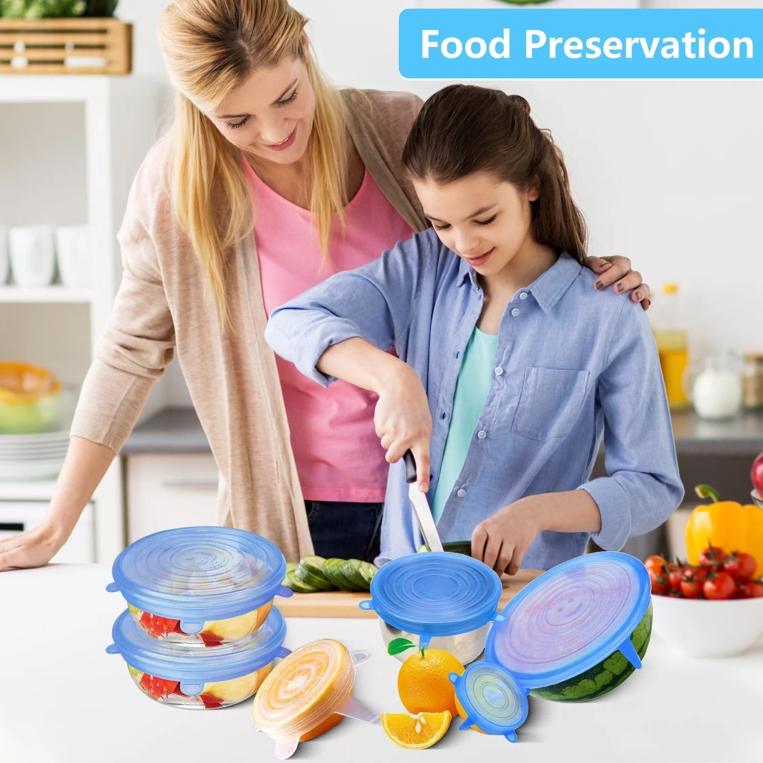 Various container sizes covered with stretchable silicone food lids