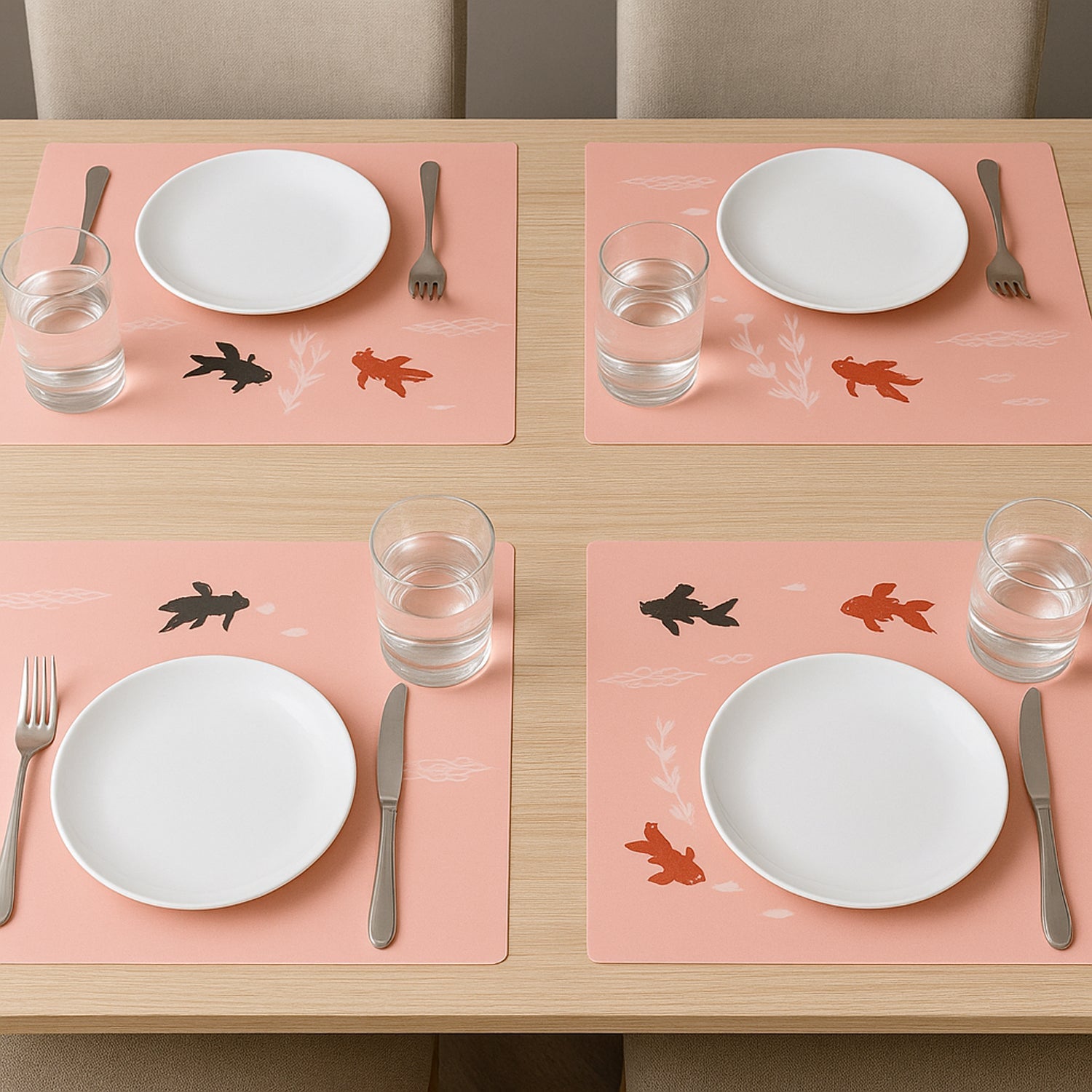 Dining placemat with heat resistant fabric and fish pattern