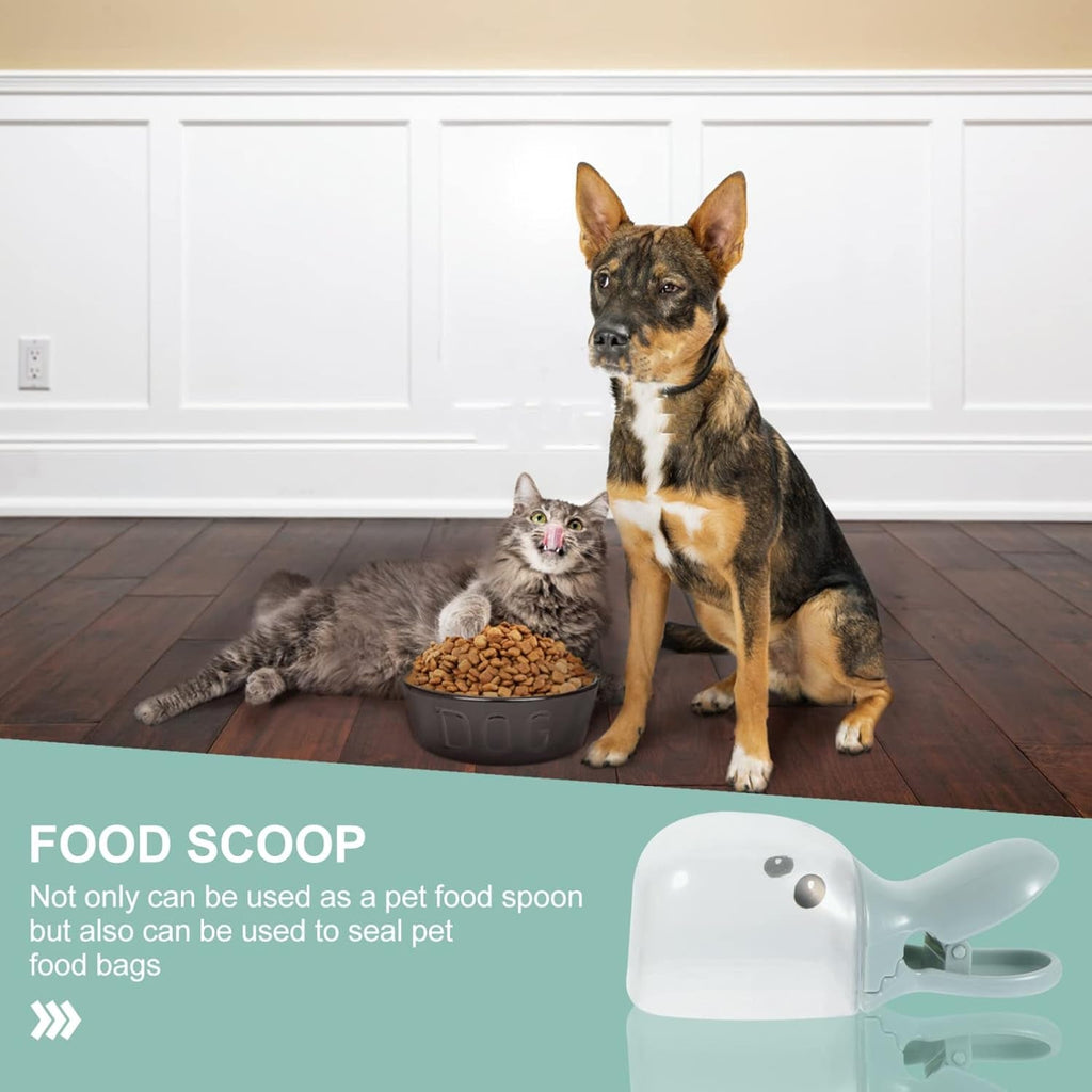 Spring-loaded sealing clip securing pet food bag to maintain freshness