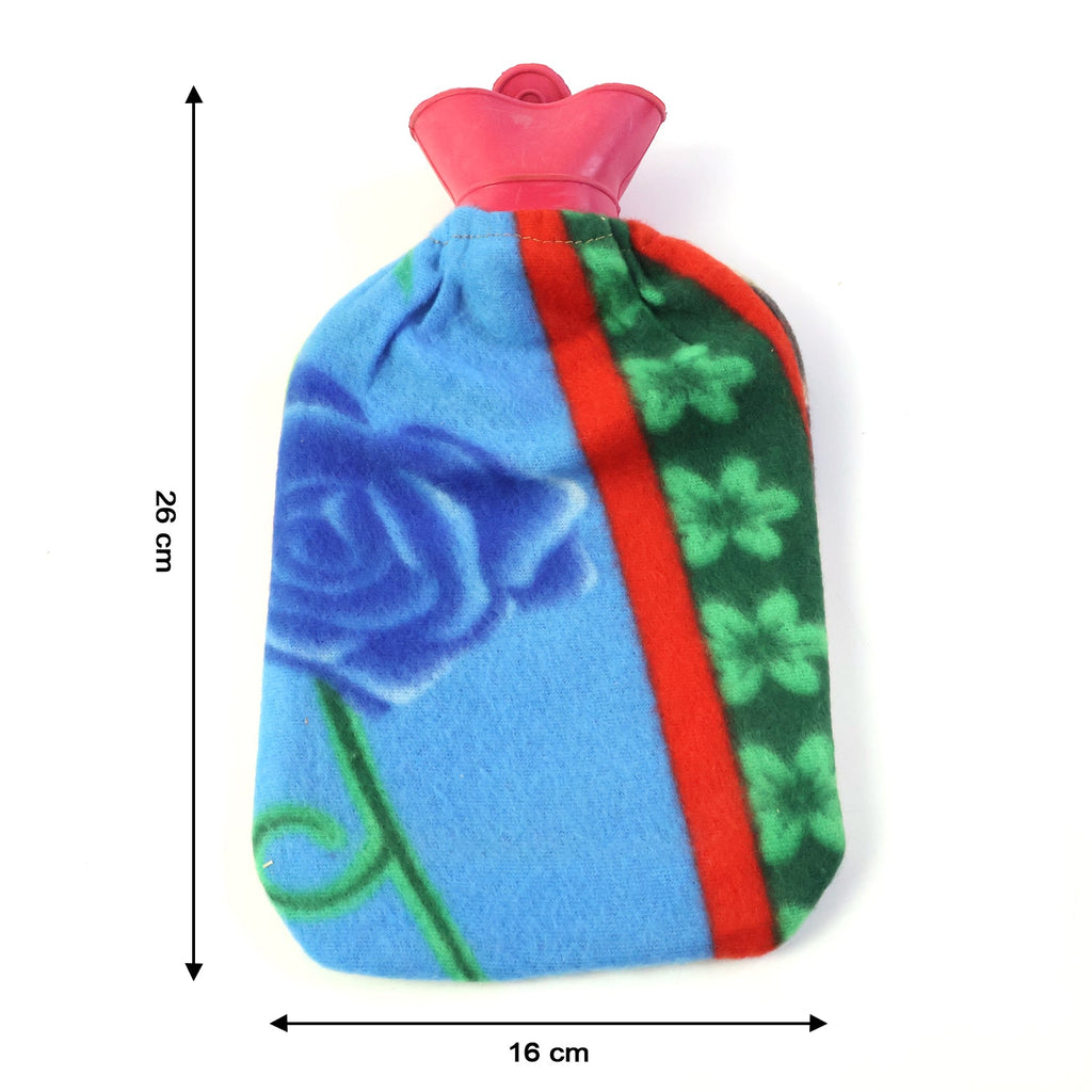 Reusable hot water bottle with fleece cover for soothing warmth