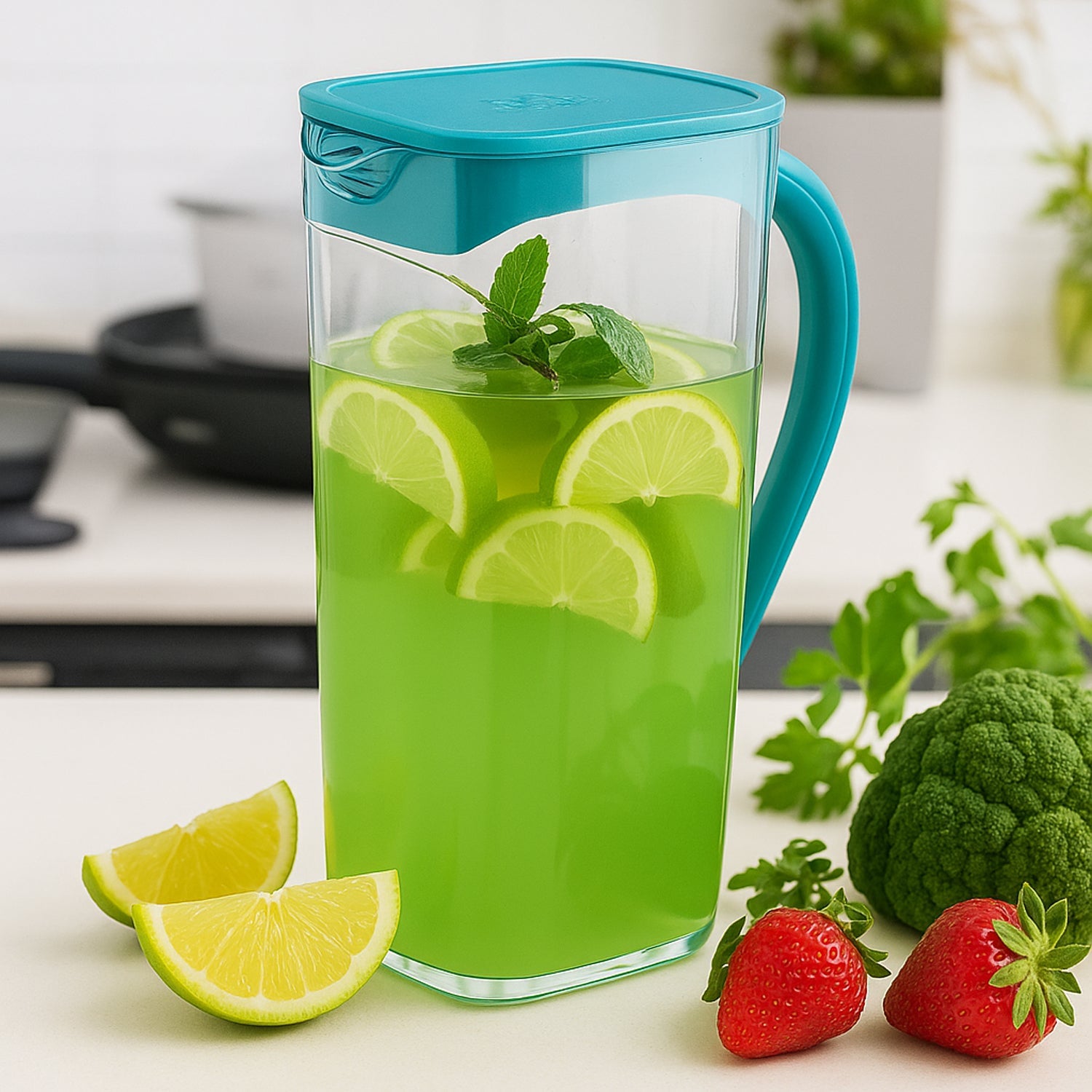 Modern plastic juice jug suited for kitchen use and serving drinks