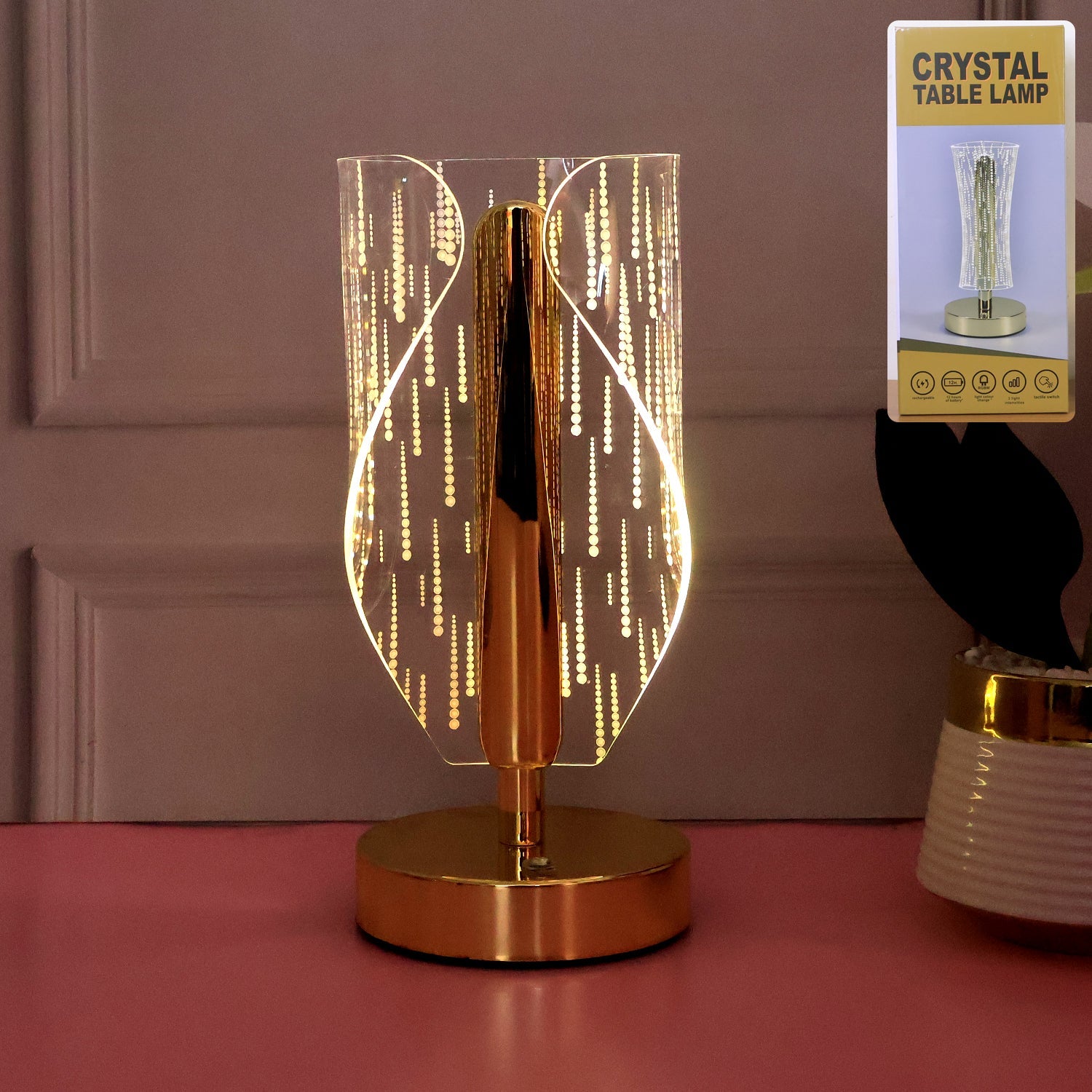 Elegant crystal-effect LED table lamp illuminating bedside table