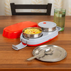 Dual stainless steel containers inside the electric lunch box