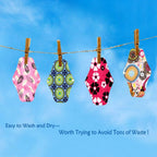 Reusable cloth pads for women with snap-button closure in vibrant assorted designs