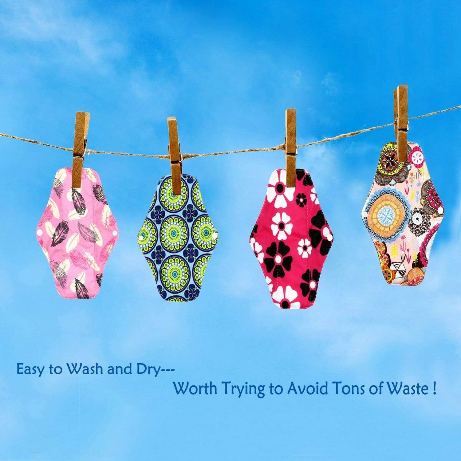 Reusable cloth pads for women with snap-button closure in vibrant assorted designs