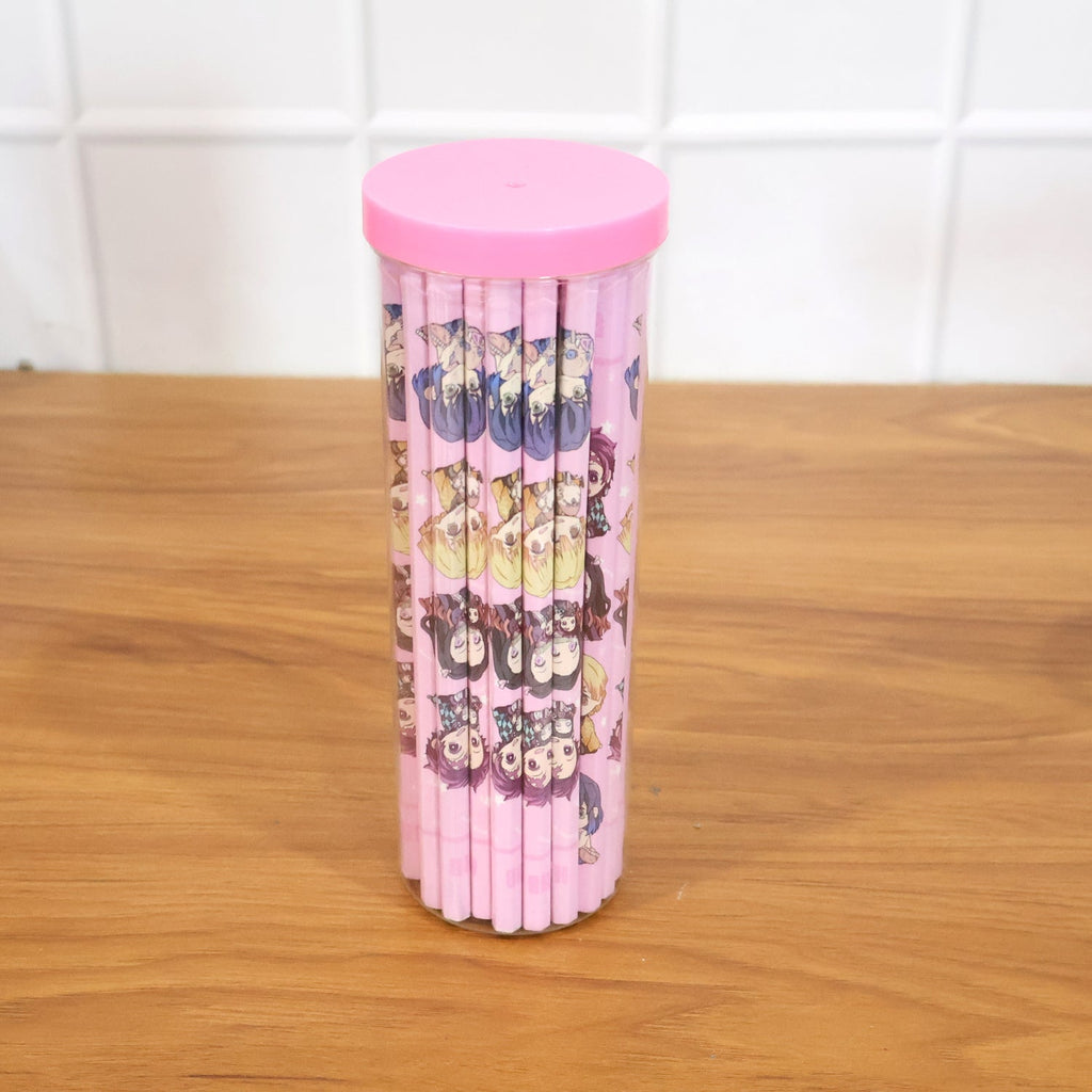 Close-up of colorful cartoon design on wooden pencils for kids