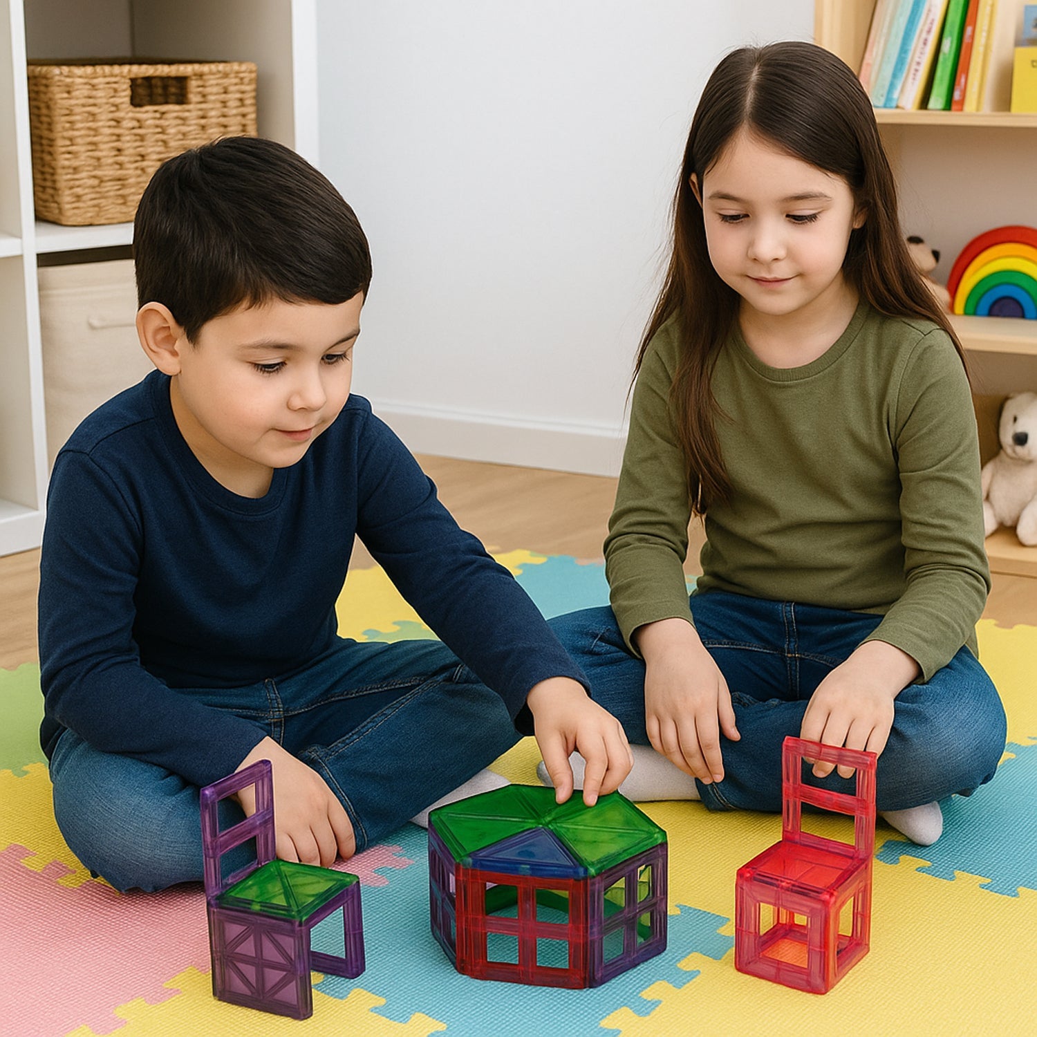 Colorful magnetic building tiles forming various creative structures