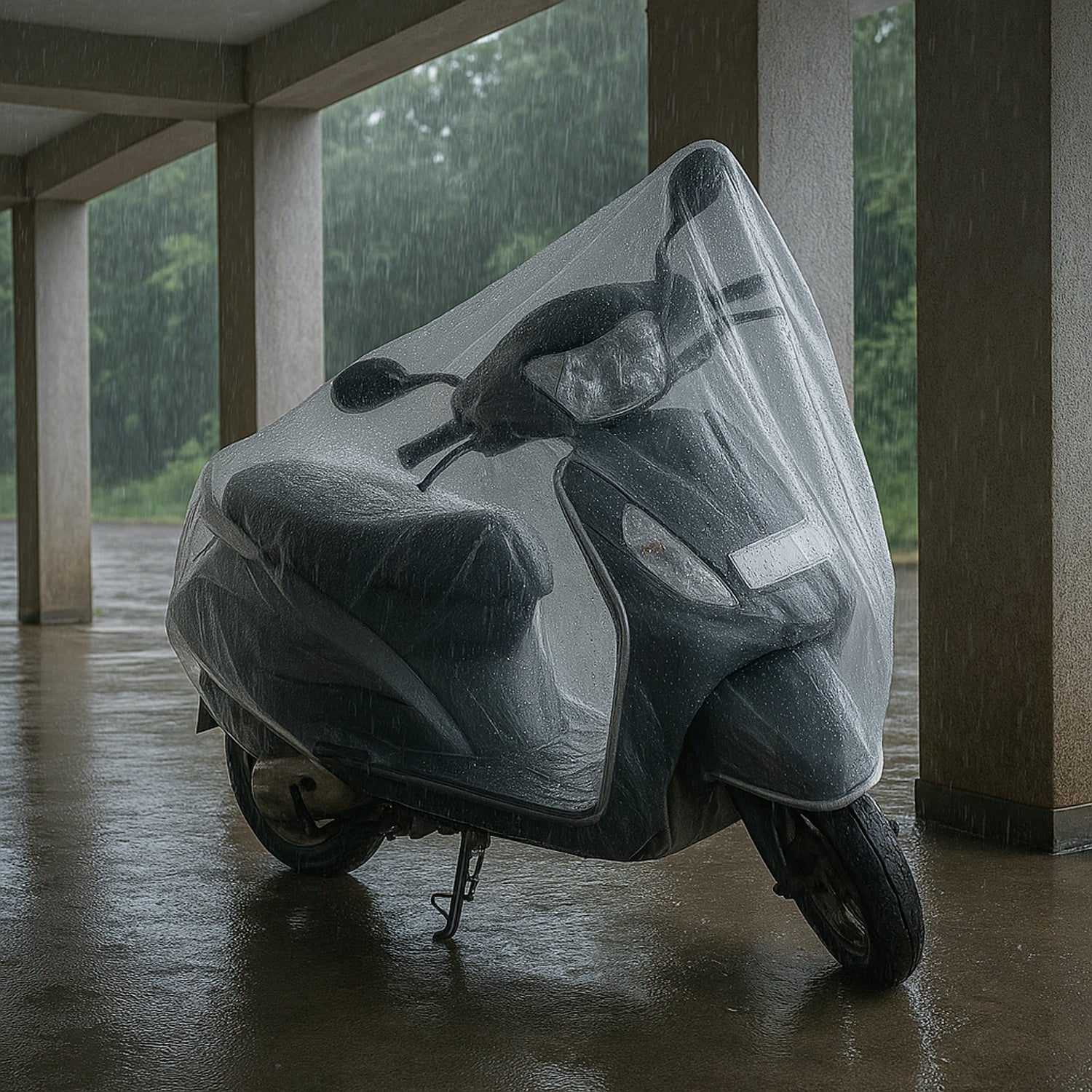 Dustproof rainproof plastic cover on scooter outdoors