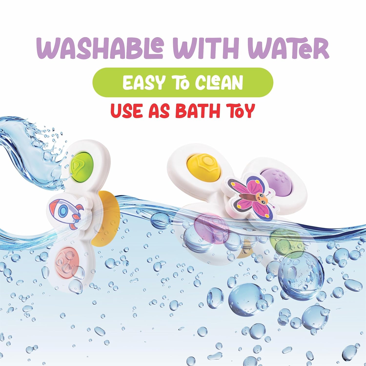 Baby spinner toy with soft tactile buttons for sensory stimulation