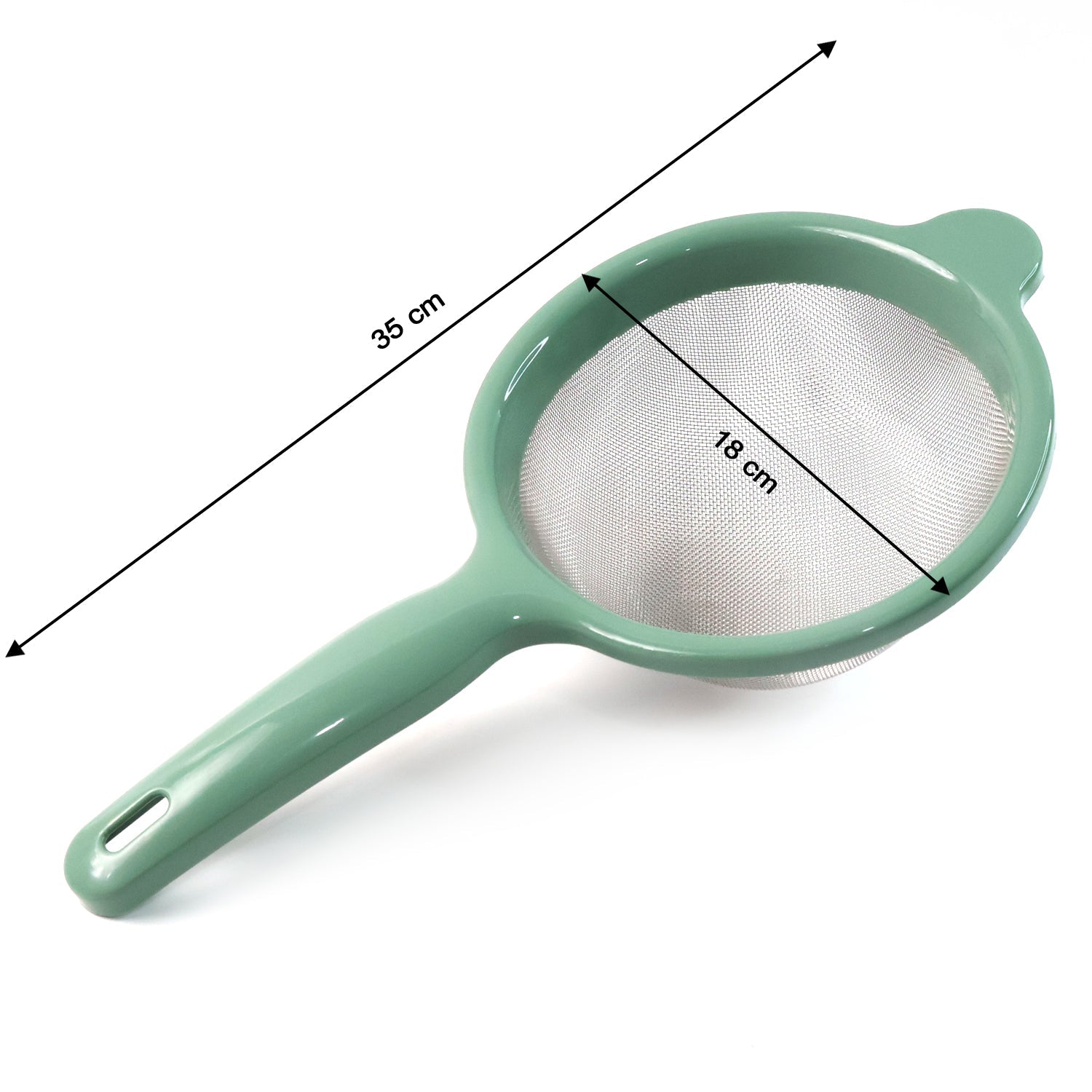 Kitchen strainer with wide rim and resting ear for stable placement on pots