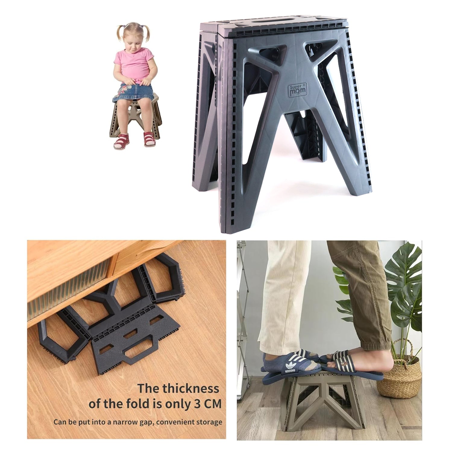 Supermom folding stool showing built-in handle for easy carrying