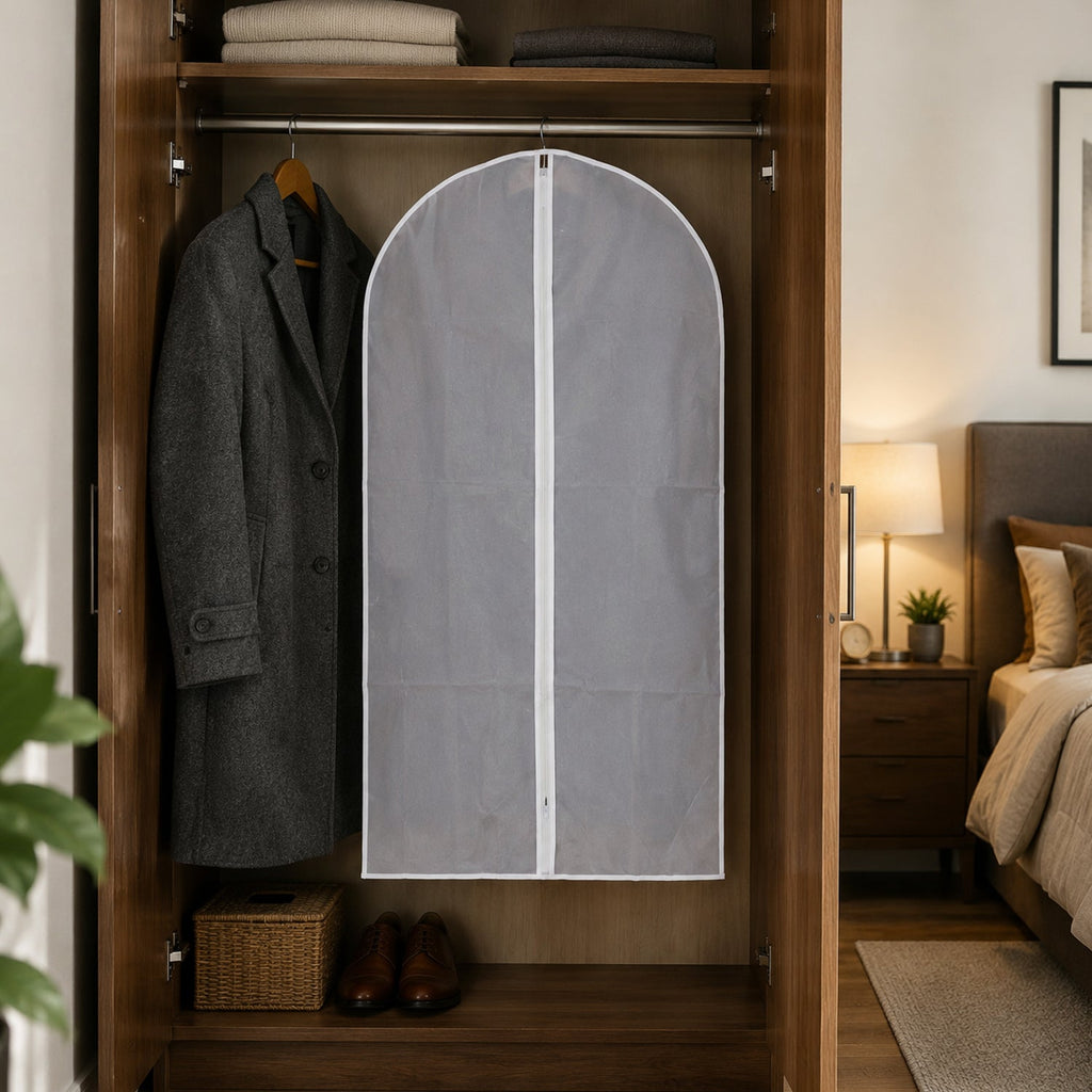 Lifestyle setup showing suit cover hanging in wardrobe for organization.