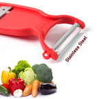 Ergonomic handle on stainless steel slicer and peeler tool