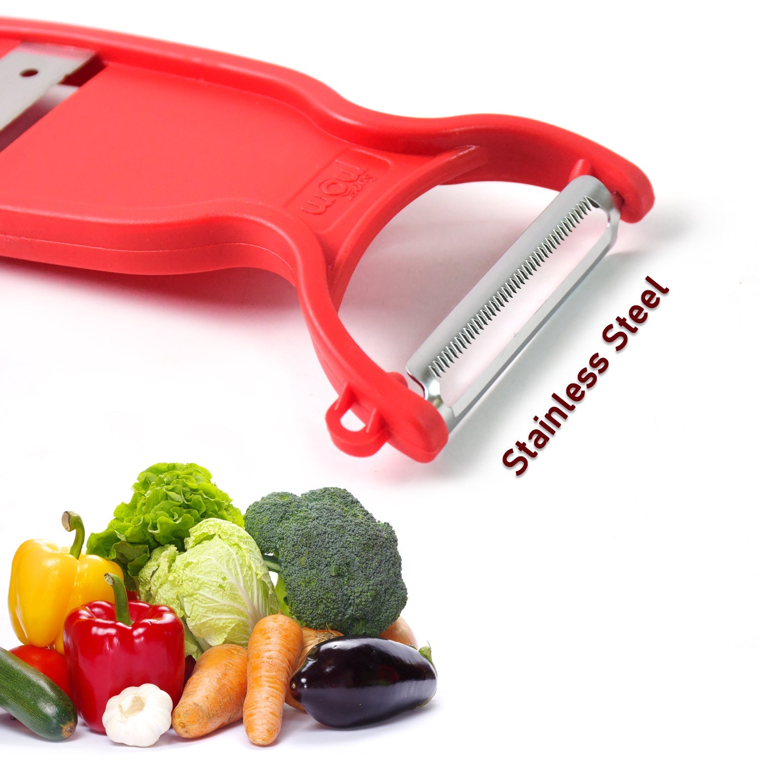 Ergonomic handle on stainless steel slicer and peeler tool