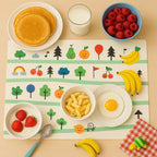 Kids placemat showing animal and fruit prints for mealtime